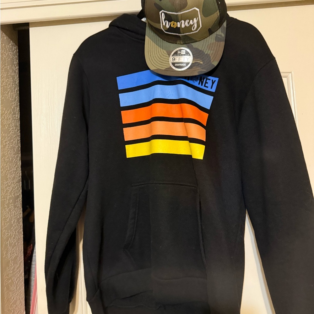 Honey Athletica Black Hoodie with Colorful Stripes and new camo trucker hat